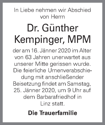 Traueranzeige von Günther Kempinger von OÖNachrichten