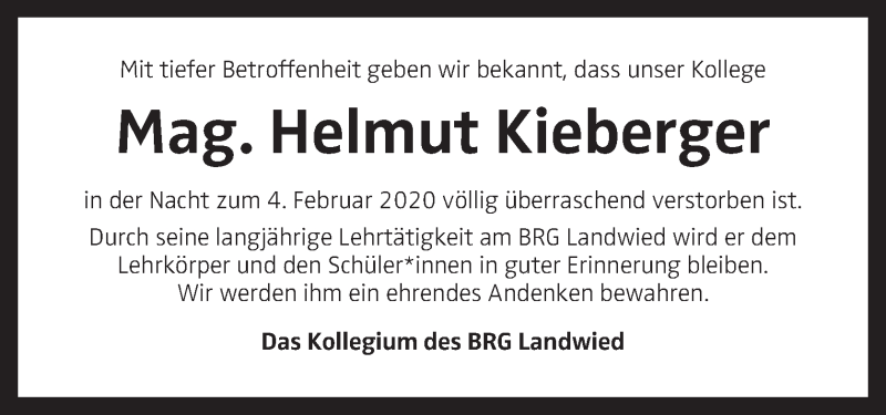  Traueranzeige für Helmut Kieberger vom 11.02.2020 aus OÖNachrichten