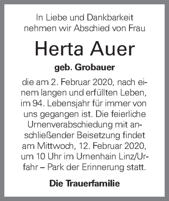 Traueranzeige von Herta Auer von OÖNachrichten