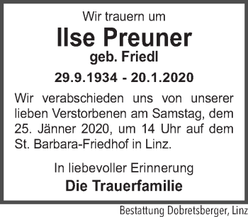 Traueranzeige von Ilse Preuner von OÖNachrichten