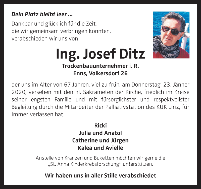  Traueranzeige für Josef Ditz vom 01.02.2020 aus OÖNachrichten