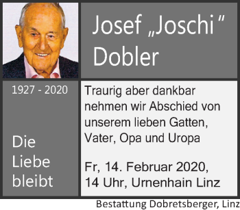 Traueranzeige von Josef Dobler von OÖNachrichten