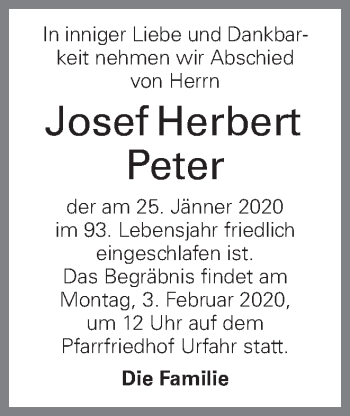 Traueranzeige von Josef Herbert Peter von OÖNachrichten