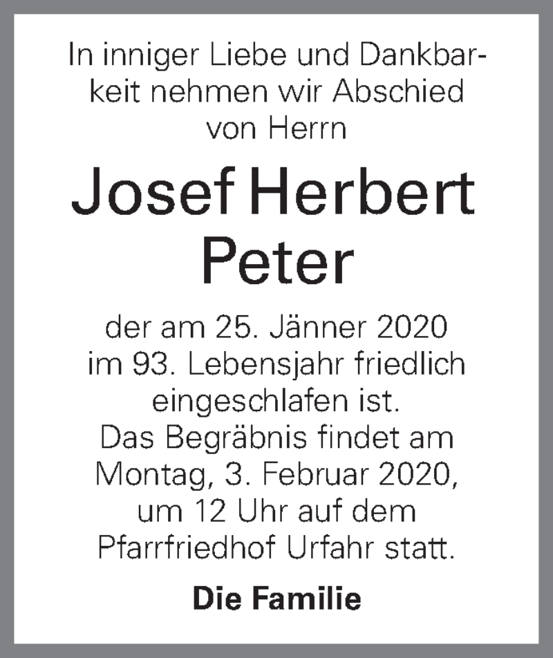  Traueranzeige für Josef Herbert Peter vom 04.02.2020 aus OÖNachrichten