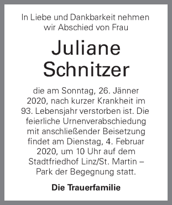 Traueranzeige von Juliane Schnitzer von OÖNachrichten