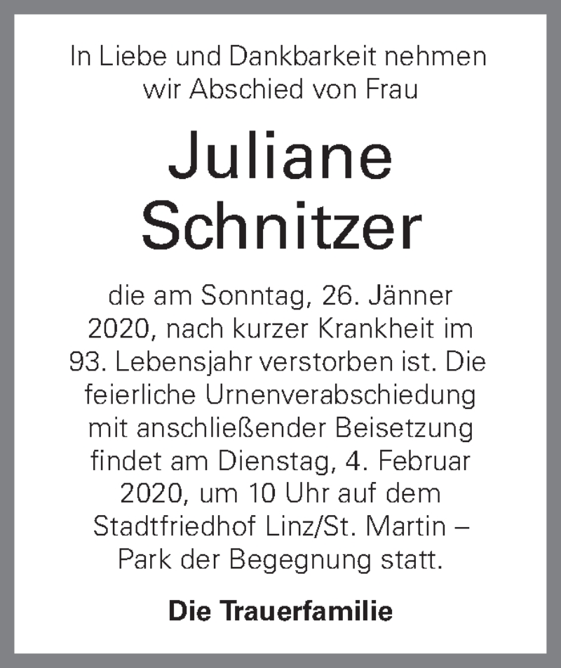  Traueranzeige für Juliane Schnitzer vom 30.01.2020 aus OÖNachrichten
