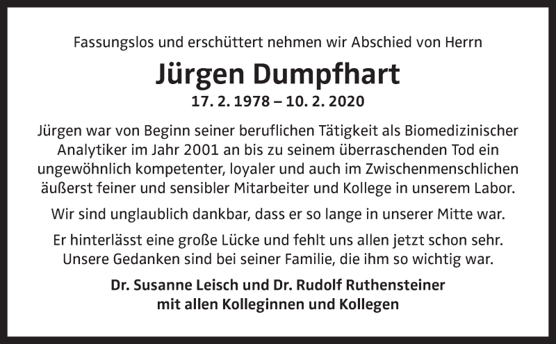  Traueranzeige für Jürgen Dumpfhart vom 15.02.2020 aus OÖNachrichten