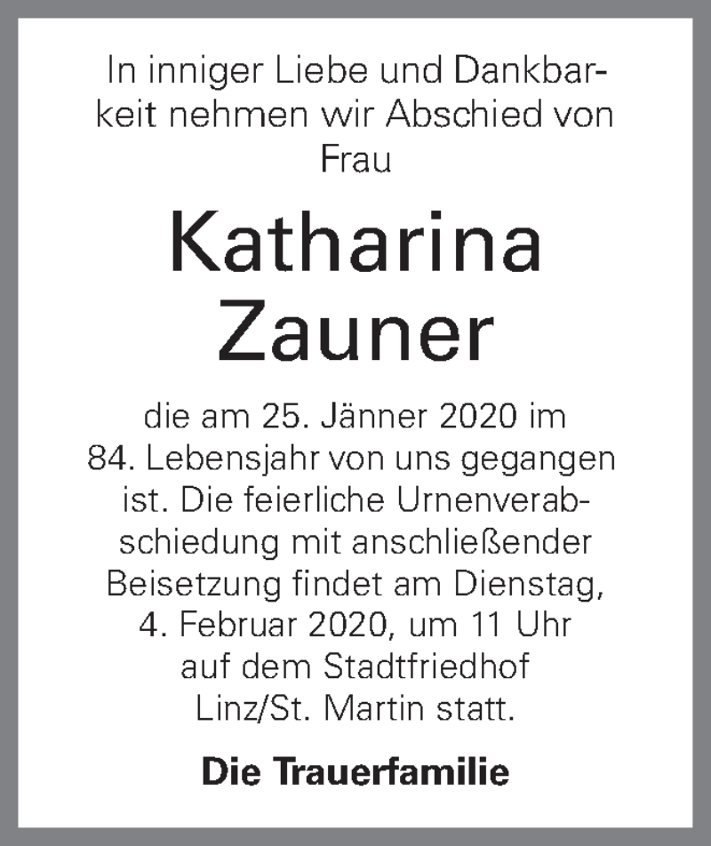  Traueranzeige für Katharina Zauner vom 30.01.2020 aus OÖNachrichten