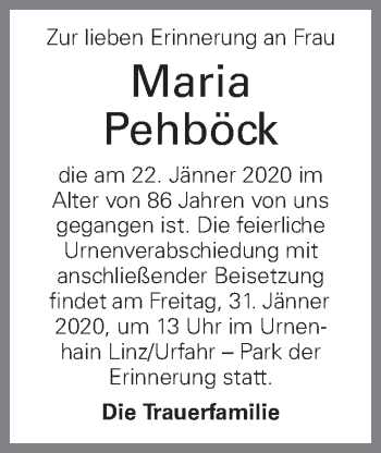 Traueranzeige von Maria Pehböck von OÖNachrichten