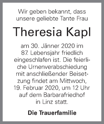 Traueranzeige von Theresia Kapl von OÖNachrichten