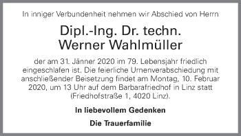 Traueranzeige von Werner Wahlmüller von OÖNachrichten