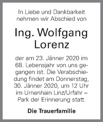 Traueranzeige von Wolfgang Lorenz von OÖNachrichten