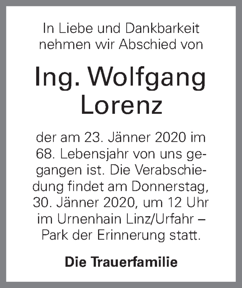  Traueranzeige für Wolfgang Lorenz vom 28.01.2020 aus OÖNachrichten