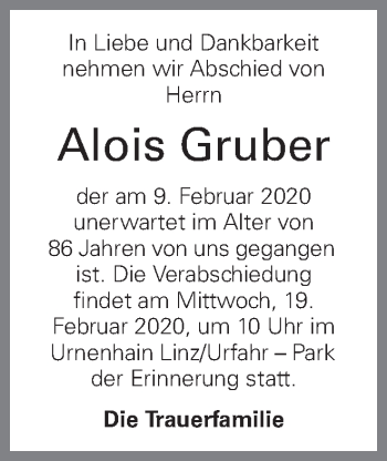Traueranzeige von Alois Gruber von OÖNachrichten