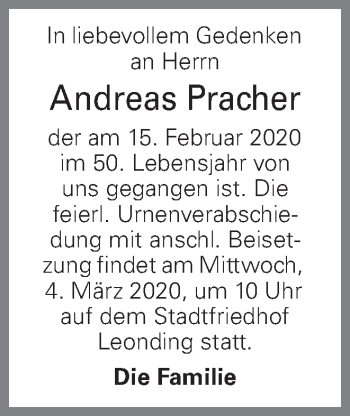 Traueranzeige von Andreas Pracher von OÖNachrichten