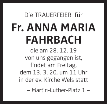 Traueranzeige von Anna Maria Fahrbach von OÖNachrichten