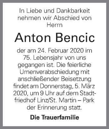 Traueranzeige von Anton Bencic von OÖNachrichten