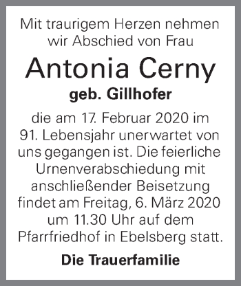 Traueranzeige von Antonia Cerny von OÖNachrichten