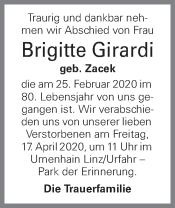 Traueranzeige von Brigitte Girard von OÖNachrichten