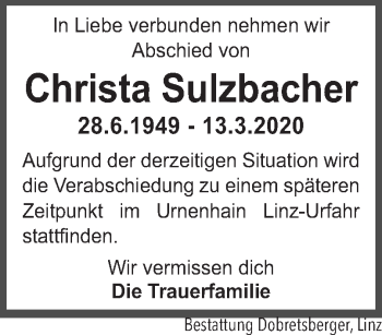 Traueranzeige von Christa Sulzbacher von OÖNachrichten
