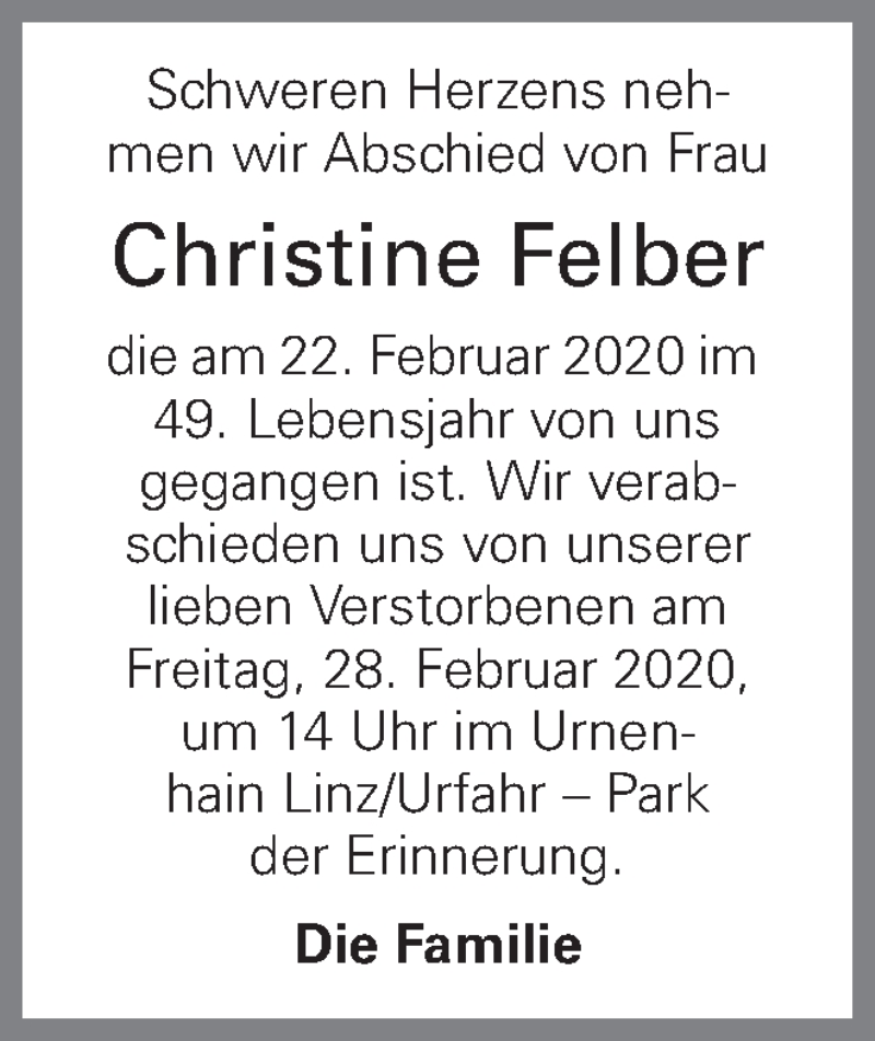  Traueranzeige für Christine Felber vom 25.02.2020 aus OÖNachrichten