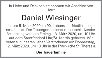 Traueranzeige von Daniel Wiesinger von OÖNachrichten
