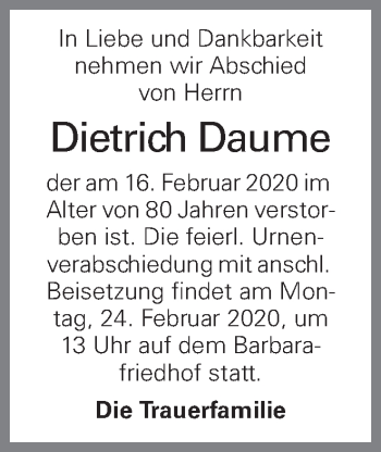 Traueranzeige von Dietrich Daume von OÖNachrichten