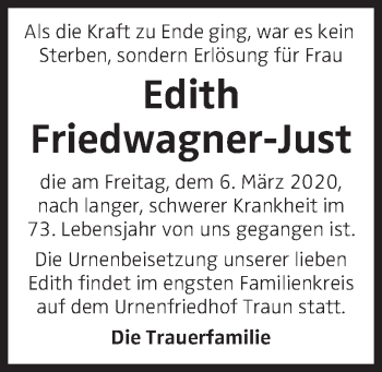 Traueranzeige von Edith Friedwagner-Just von OÖNachrichten