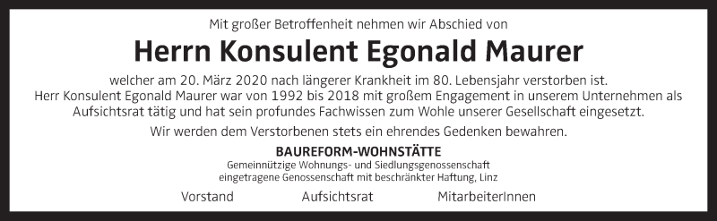  Traueranzeige für Egonald Maurer vom 24.03.2020 aus OÖNachrichten