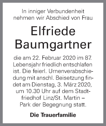 Traueranzeige von Elfriede Baumgartner von OÖNachrichten