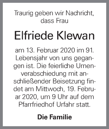 Traueranzeige von Elfriede Klewan von OÖNachrichten