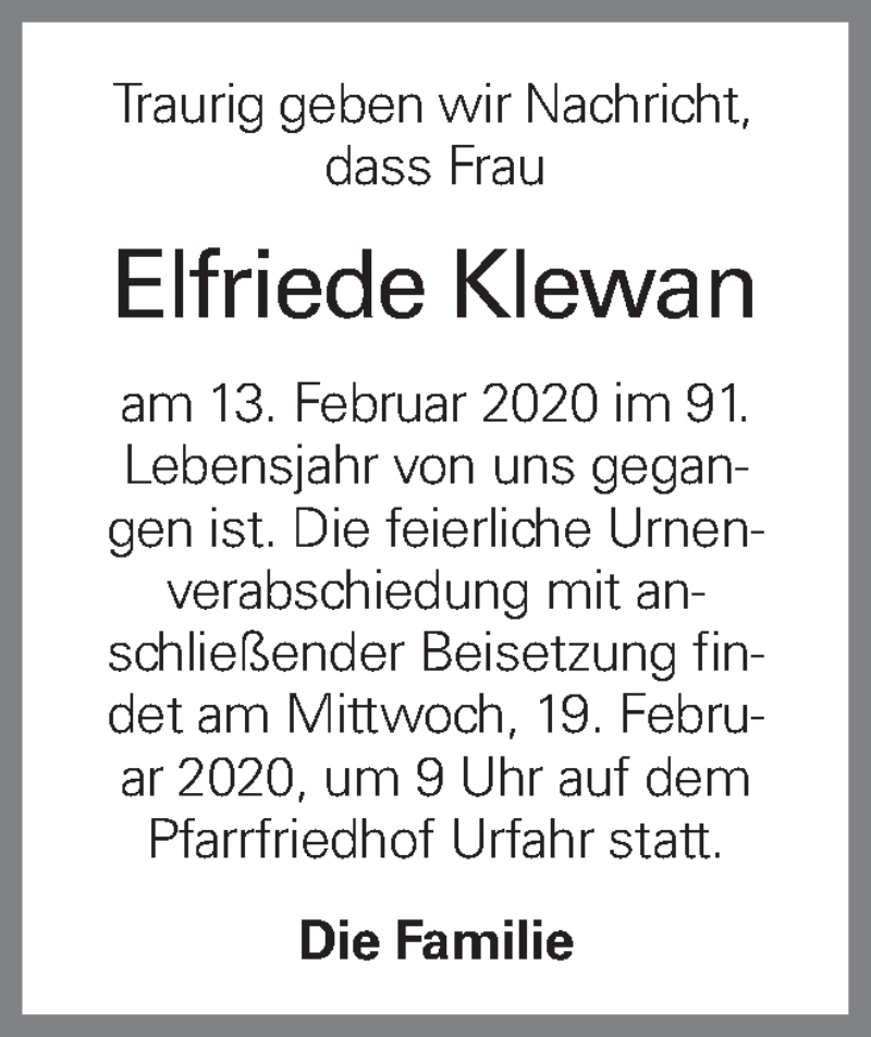  Traueranzeige für Elfriede Klewan vom 18.02.2020 aus OÖNachrichten