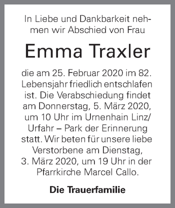 Traueranzeige von Emma Traxler von OÖNachrichten