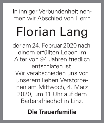 Traueranzeige von Florian Lang von OÖNachrichten