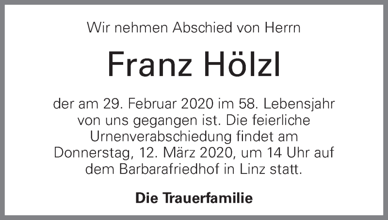 Traueranzeige für Franz Hölz vom 07.03.2020 aus OÖNachrichten