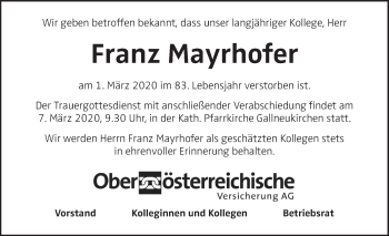 Traueranzeige von Franz Mayrhofer von OÖNachrichten