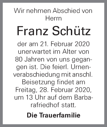 Traueranzeige von Franz Schütz von OÖNachrichten