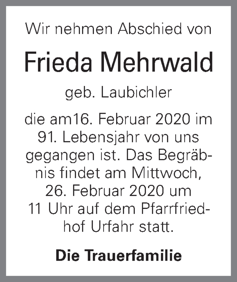  Traueranzeige für Frieda Mehrwald vom 22.02.2020 aus OÖNachrichten