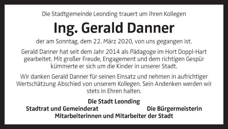  Traueranzeige für Gerald Danner vom 26.03.2020 aus OÖNachrichten