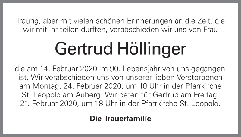  Traueranzeige für Gertrud Höllinger vom 20.02.2020 aus OÖNachrichten