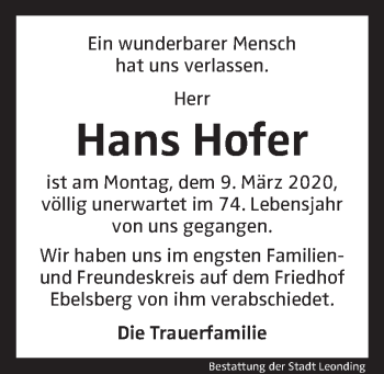 Traueranzeige von Hans Hofer von OÖNachrichten