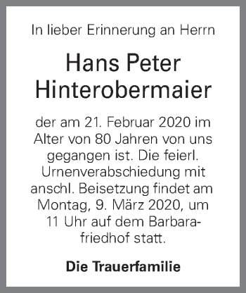 Traueranzeige von Hans Peter Hinterobermaier von OÖNachrichten