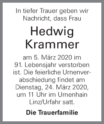 Traueranzeige von Hedwig Krammer von OÖNachrichten