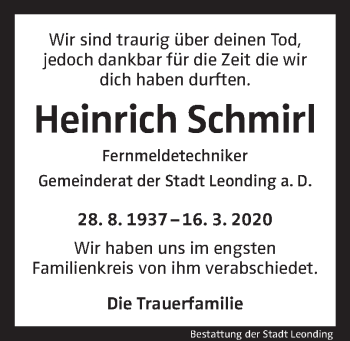 Traueranzeige von Heinrich Schmirl von OÖNachrichten