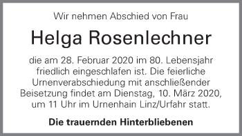 Traueranzeige von Helga Rosenlechner von OÖNachrichten
