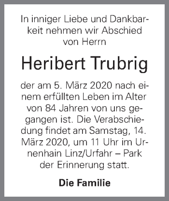 Traueranzeige von Heribert Trubrig von OÖNachrichten