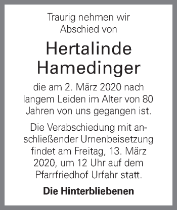Traueranzeige von Hertalinde Hamedinger von OÖNachrichten