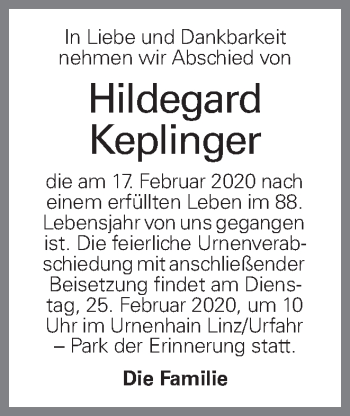 Traueranzeige von Hildegard Keplinger von OÖNachrichten