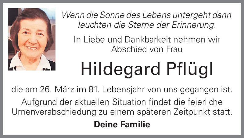  Traueranzeige für Hildegard Pflügl vom 28.03.2020 aus OÖNachrichten