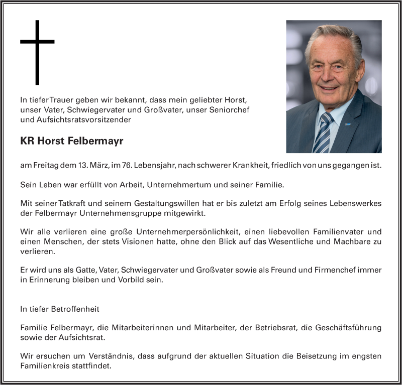  Traueranzeige für Horst Felbermayr vom 18.03.2020 aus OÖNachrichten